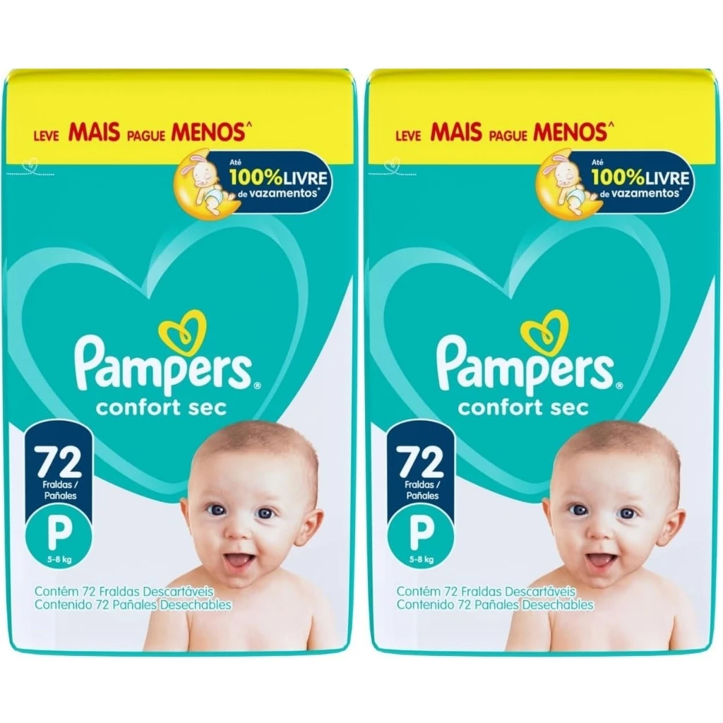 Kit 2 pacotes Fralda Pampers Confort Sec P 5-8kg 72un - Total 144unidades
