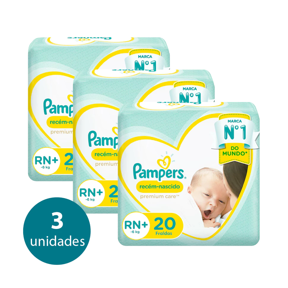 Kit 3 Pacotes Fraldas Pampers Recém-Nascido Premium Care RN + 60 Fraldas